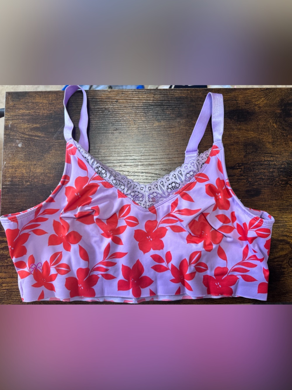 Ruby Ribbon Lavender & Red Floral Lace Trim Cami Demiette Bralette Size 36
